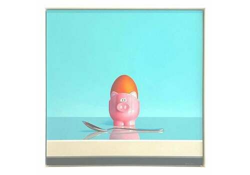 Original Pink Pig Egg Cup & Spoon Oil On Board Still Life Painting By Artist Christopher Green