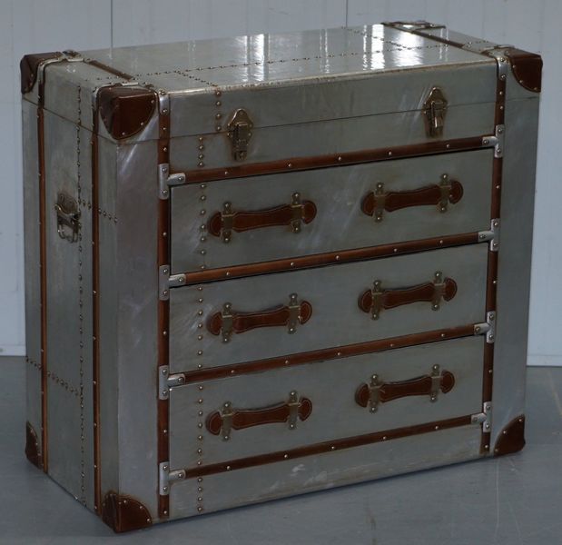 Brand New Aluminium Brown Leather Aviator Chest Of Drawers