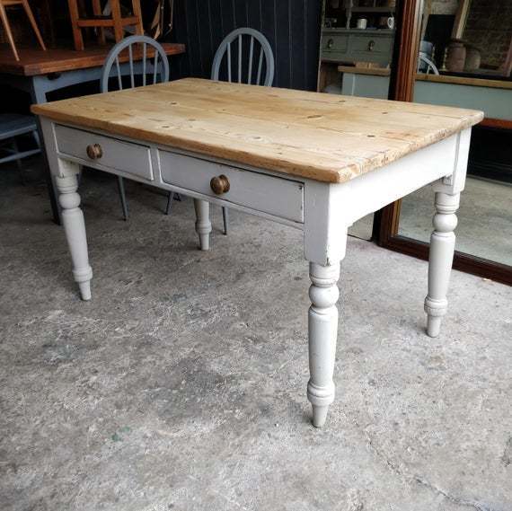 Vintage Pine Kitchen Table 4 6 Seater Painted Antique Victorian Scrub Top Dining With Drawers