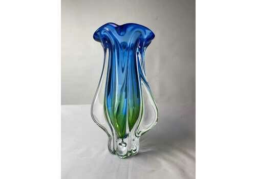 Sklarna Chřibská (Czechoslovakia) Art Glass Vase | Model 114/3/22, Designed By Josef Hospodka, Sommerso Green And Blue Vintage Glass, Retro