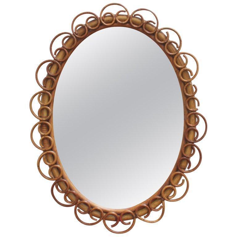 Italian Oval Shaped Rattan And Bamboo Wall Mirror Circa 1960s