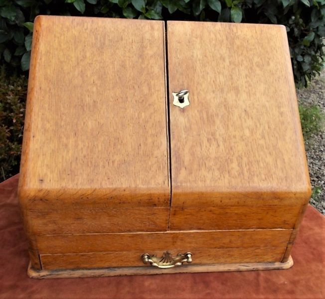 Antique Vintage Small Oak Stationery Writing Cabinet Box Key Drawer Desk Tidy