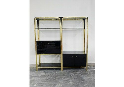 Hollywood Regency Black Lacquered Shelving Or Wall Unit With A Bar And A Cabinet // Made In Italy In 1980s