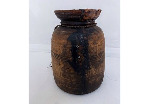 Old Wood Nepalese Pot Urn Jug Wooden Decorative Rustic Primitive Indian Large No. 4