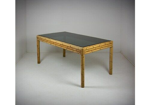 Vintage Bamboo Dining Table With Smoked Glass Top, C.1980