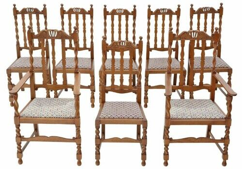 Antique Quality Set Of 8 (6 Plus 2) C1920 Twist Mahogany Dining Chairs Jacobean Revival