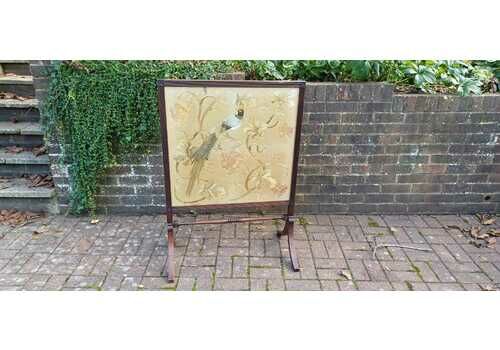 Huge Imposing Victorian Mahogany Fire Screen With Bird Of Paradise Embroidery Needlework.