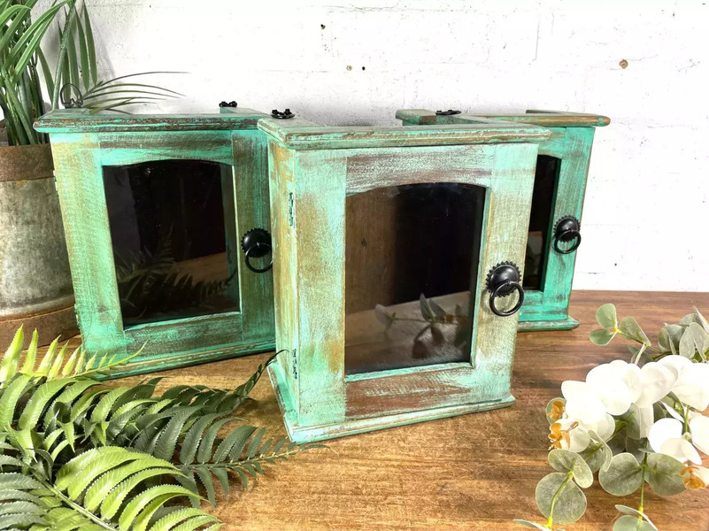 Vintage Reclaimed Indian Small Green Glazed Wooden Wall Display