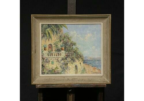 French Schoolmid 20th Century French Signed Post Impressionist Oil, South Of France Villa Sea1950