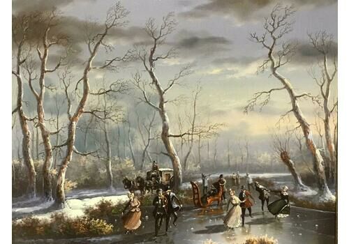 Dutch Schoolclassical Dutch Winter Scene Oil Painting Figures Skating On Ice Signed20th Century