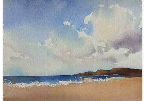 Anthony Averybritish Original Impressionist Watercolor Clouds Over Sandy Beach Blue Seas