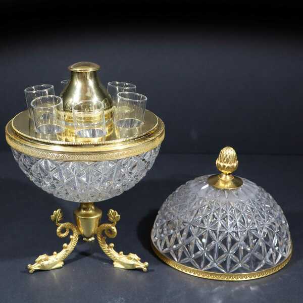 Vintage French Ormolu And Crystal Globe Tantalus Liquor Set