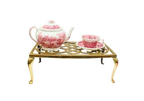 Large 16'' Antique Brass Fireplace Trivet, Victorian Brass Foot Stool, English Brass Plant Stand