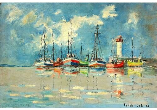 Fanch Lelcolorful Fishing Boats And Lighthouse Landscape Reflections On Calm Waters 20th Century