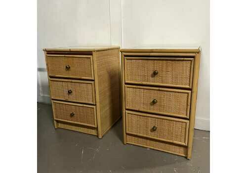 A Pair Of Mid Century Rattan 3 Drawer Bedside Tables / Storage /Nightstands