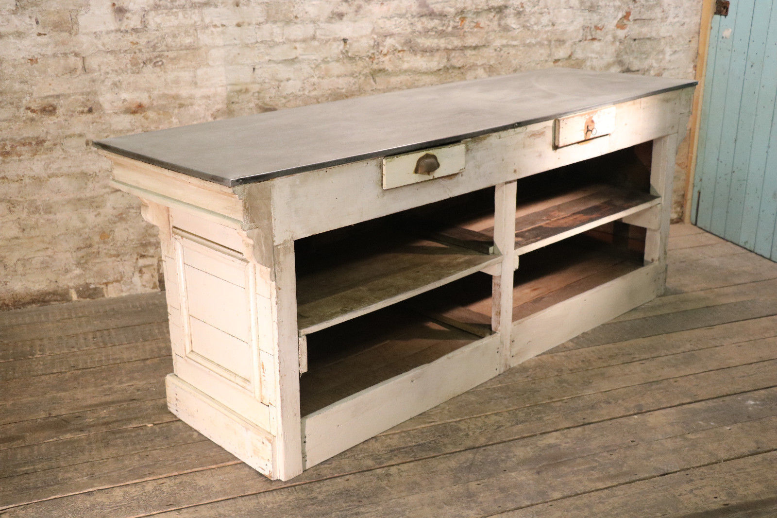 French Antique Shop Counter Zinc Top Drawers Vintage Circa 1900