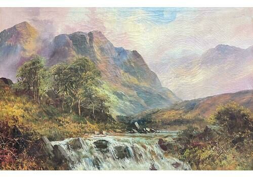 F. E. Jamiesonantique Scottish Highland Landscape Oil Painting Full Spate River In Mountains