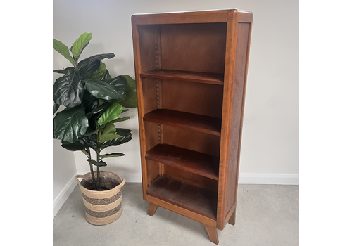 Vintage French Deco Tall Thin Oak Beech Adjustable Bookcase Shelving Unit