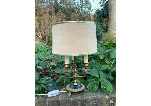 Antique French Bouilotte 3 Armed Brass Office Table Lamp, Heavy Quality, Newer Vintage Shade, Ebony Black Detailed Base With Lion Paw Feet