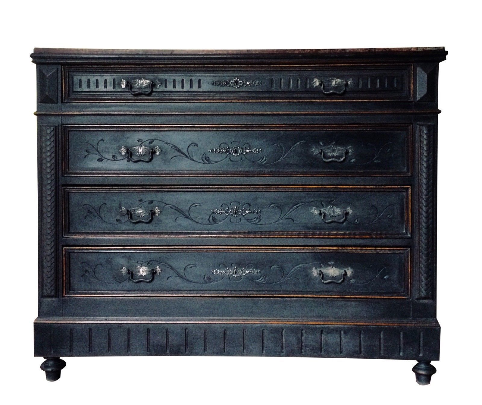 Antique French Henri Style Black Painted Marble Top Oak Commode