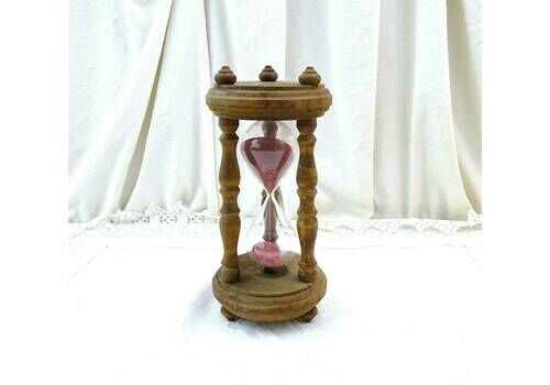 Large French Vintage Rustic Wooden And Glass Decorative Sand Timer With Pink Sand, Country Style Traditional Hour Glass From France