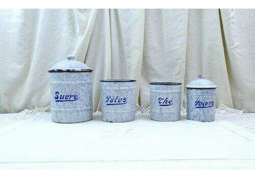 Vintage Marbled Splatterware Enameled 4 Piece Canister Set In White Blue, Retro Graniteware Enamel From France, Cottage Kitchen Decor