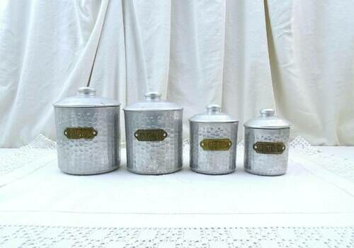 Antique French 4 Piece White Metal Canister Set With Brass Labels And Hammered Textured Sides, Retro Country Farmhouse Kitchen Decor France