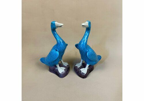 Ceramic Oriental Chinese Ducks Ornament Statue Mantle Piece Porcelain Sculpture Statue Ornament Vintage Mid Century Antique Blue Purple Bird