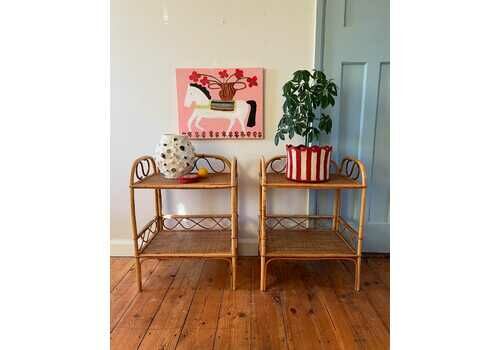 Pair Of Beautiful Mid Century Boho Cane Bedside Tables – Matching Set