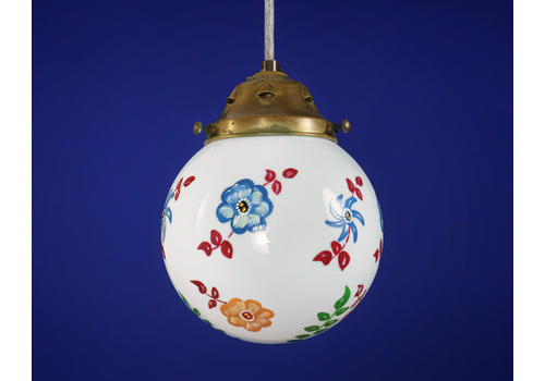 1910s English Arts & Crafts Opaline Globe Pendant Lamp With Bloomsbury Style Hand Painted Flowers