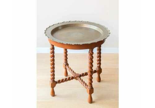 Antique Table With Turned Legs And Copper Tabletop, Large Coffee Table, Barley Twist, Carved Wooden Side Table, Round Art Decotable