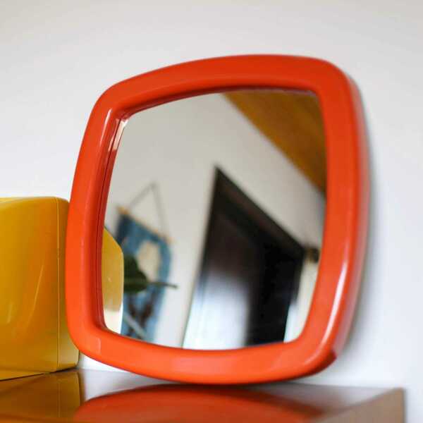 Large Orange Vintage Plastic Square Wall Mirror / Mid Century Modern Retro Wall Mirror / Space ...