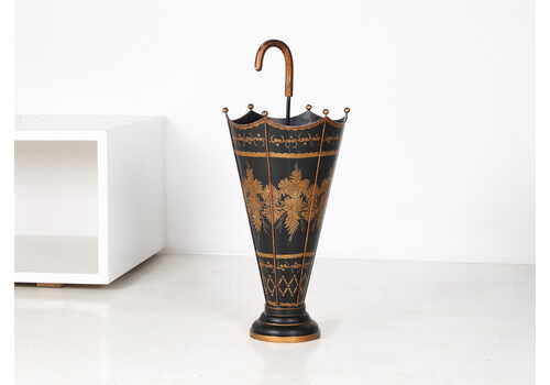 Mid Century Toleware Stick Umbrella Stand Hand Painted Gold On Black