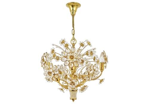 Ernst Palme Bunch Of Flowers Gilt Brass & Crystal Chandelier, Palwa, 1970s