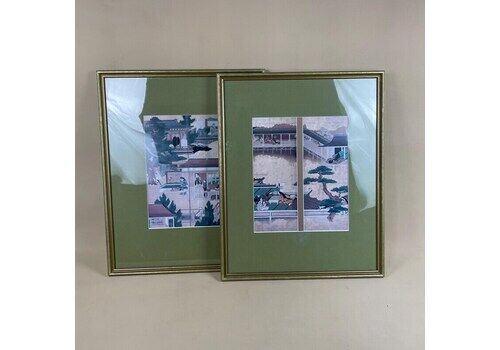 Oriental Artwork Pair Of Prints Wall Decor Asian Green Backing Gold Frames Vintage Antique Framed Medium Japanese