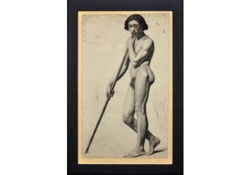 Henry Arthur Roberts 1819 To 1900. Pre Second Republic French Period Academic Life Study Of A Male Nude Carrying A Staff. Framed 1840s Drawing.