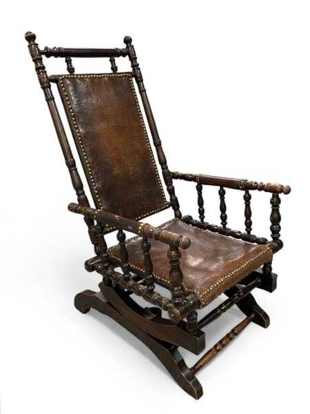 Rocking Chair, Patinated Wood And Leather, English Work, Late 19th ...