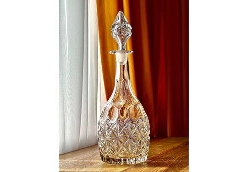 Victorian Glass Decanter With Faceted Stopper, Diamond & Oval Moulded Design, Antique Crystal Bottle C.1870