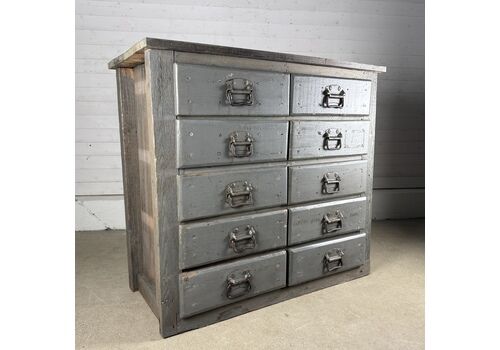 Vintage Industrial Pine Storage Unit With 10 Steel Drawers