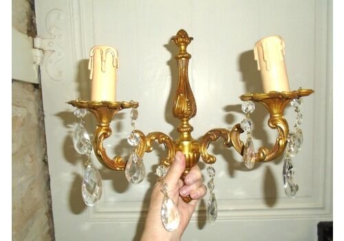 Two Antique French Double Candle Wall Sconces With Glass Crystal Drops