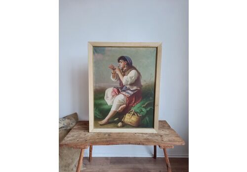 Painting Original Romany, Gypsy Folk Dressed Woman Smoking Pipe, Country Rustic Decor,Smoke Room, Hungarian,Vintage Old Art, Collectible