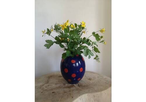Bright Polkadot Enamel, Quirky Hungarian Vintage Retro Home, Vase, Special Edition Bonyhad Collectors Item, Rare. Blue & Red