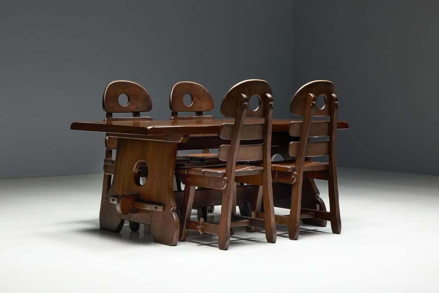 Brutalist Rustic Modern Dining Set In Stained Oak, Spain, 1970s photo for sale