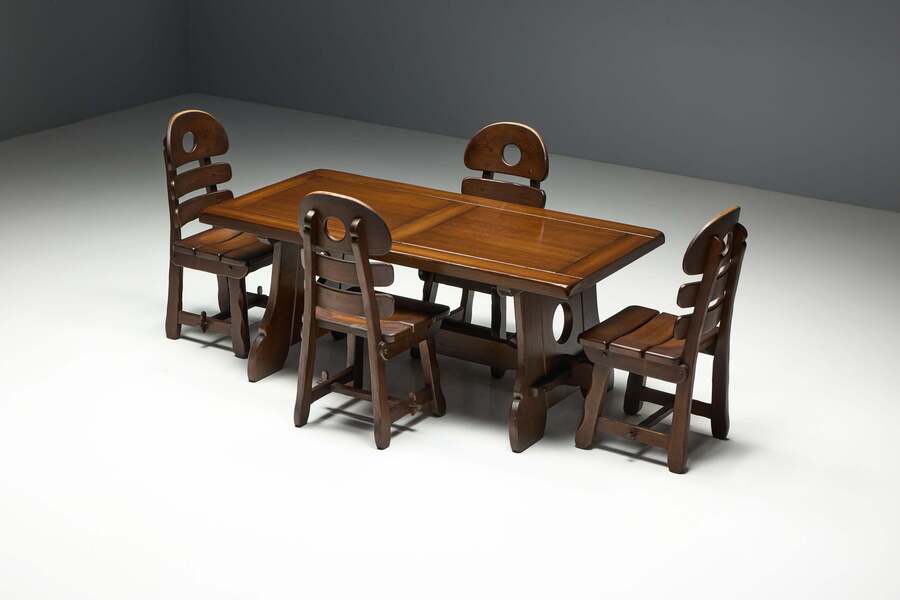 Brutalist Rustic Modern Dining Set In Stained Oak, Spain, 1970s photo 2730.0