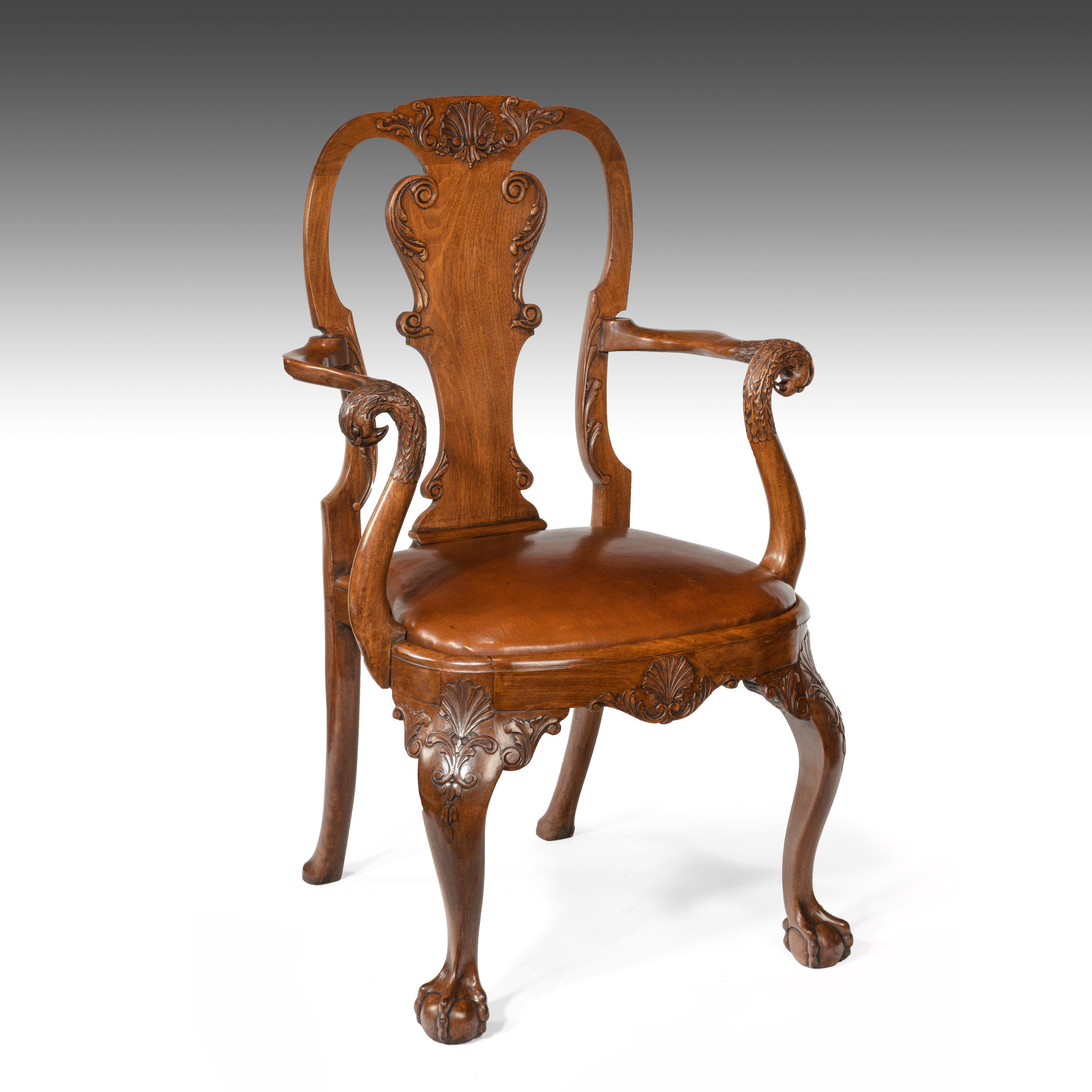 Late 19th Century Finely Carved Eagle Head Walnut And Leather Desk Armchair C 1890 England