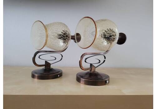 Set van 2 vintage wandlampen, wandlampenpaar, nachtkastlampen, koperen lamp, glazen lamp, mid-century lamp, Joegoslavië jaren 80, vintage lamp