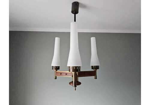 Vintage Chandelier / Mid Century Chandelier In Stilnovo Style / Italian Pendant Light / Ceiling Lamp / 50s / Wood Brass Glass