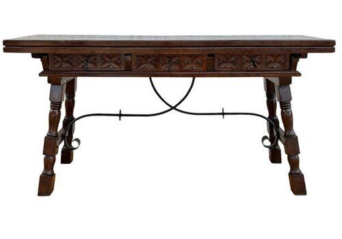 20th Century Spanish Console Fold Out Table With Iron Stretcher And Three Drawers, 1900