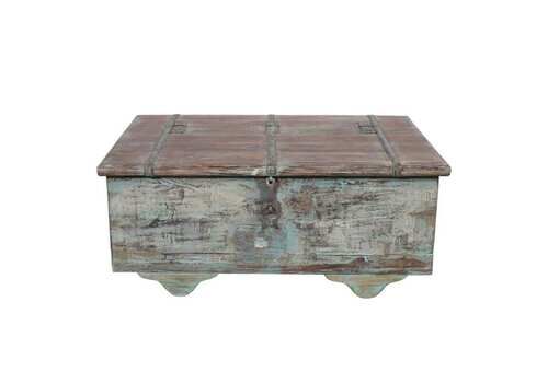 Antique Indian Surti Coffee Table Chest   19th Century Teak Trunk Blue