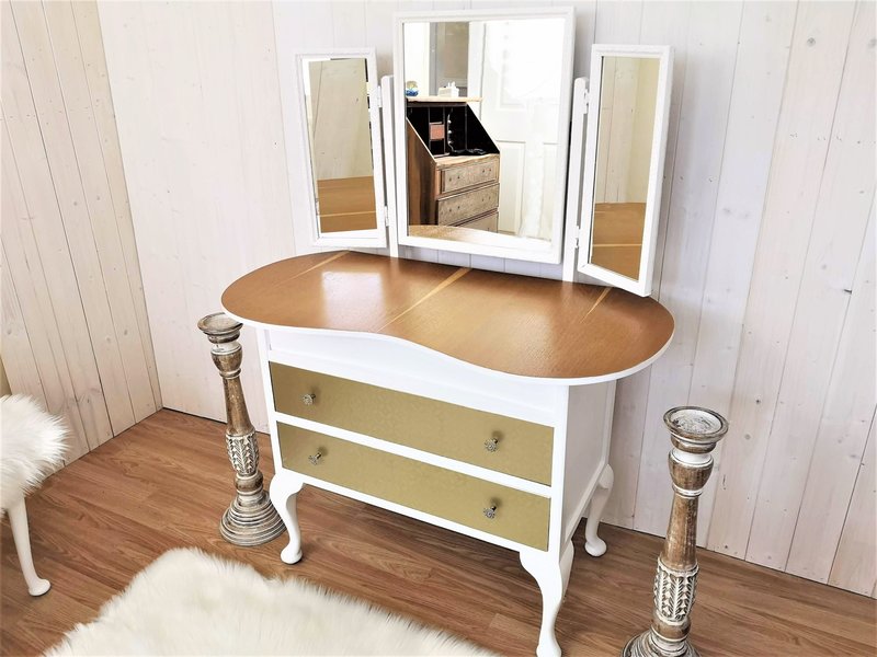 Vintage Kidney Shaped Dressing Table With Triple Mirror Gold And